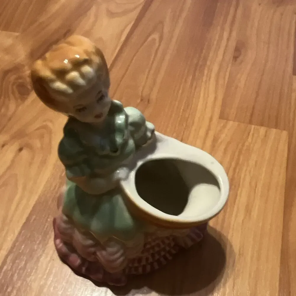Vintage Ceramic Woman Figurine Bud Vase, Green Dress Pink Base, Small Gloss 6 in
